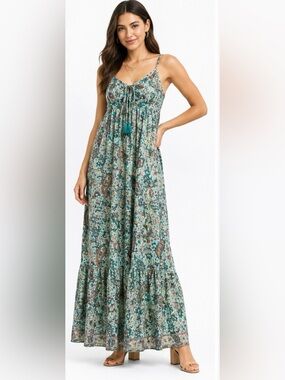 NWT White Waves Silk Blend Paisley Gold Foil Maxi Dress L/XL